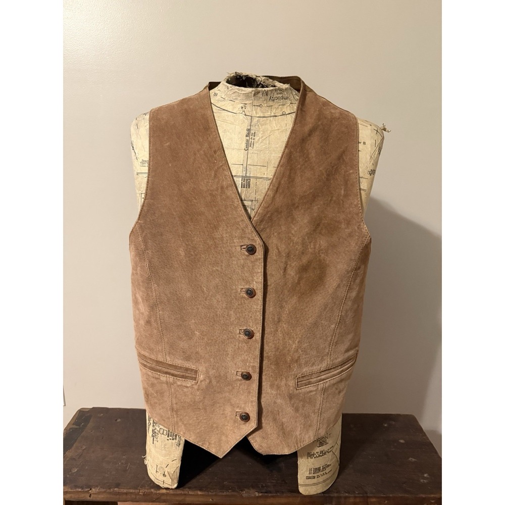Vintage Gallagher Men's Brown Suede Leather Vest w/Back Strap 5 Button Size Med